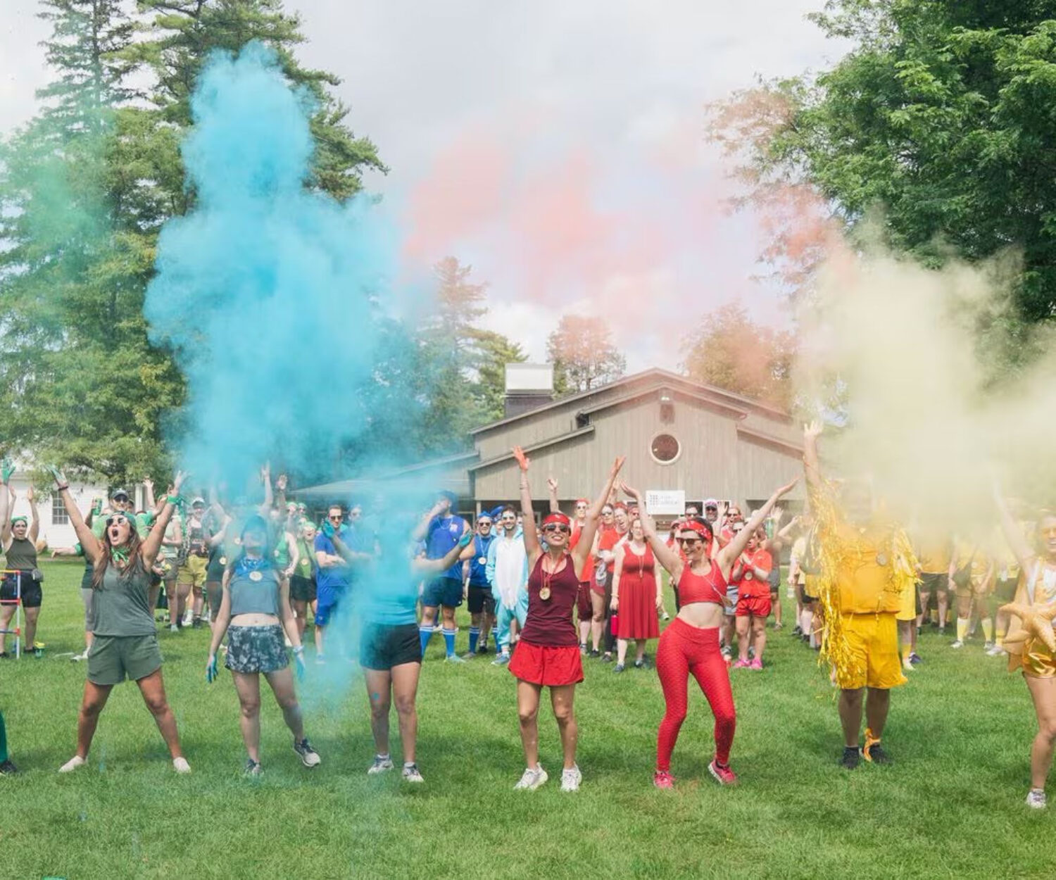 Berkshires camp captains initiated the start of the "color war," a camp-wide game that involves several different teams broken up by color. Participants compete in various challenges and relays involving "weapons" like pool noodles and ping-pong balls .JAY BELSKY