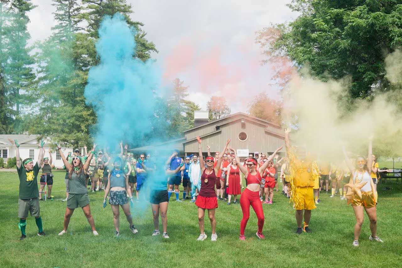 Berkshires camp captains initiated the start of the "color war," a camp-wide game that involves several different teams broken up by color. Participants compete in various challenges and relays involving "weapons" like pool noodles and ping-pong balls .JAY BELSKY