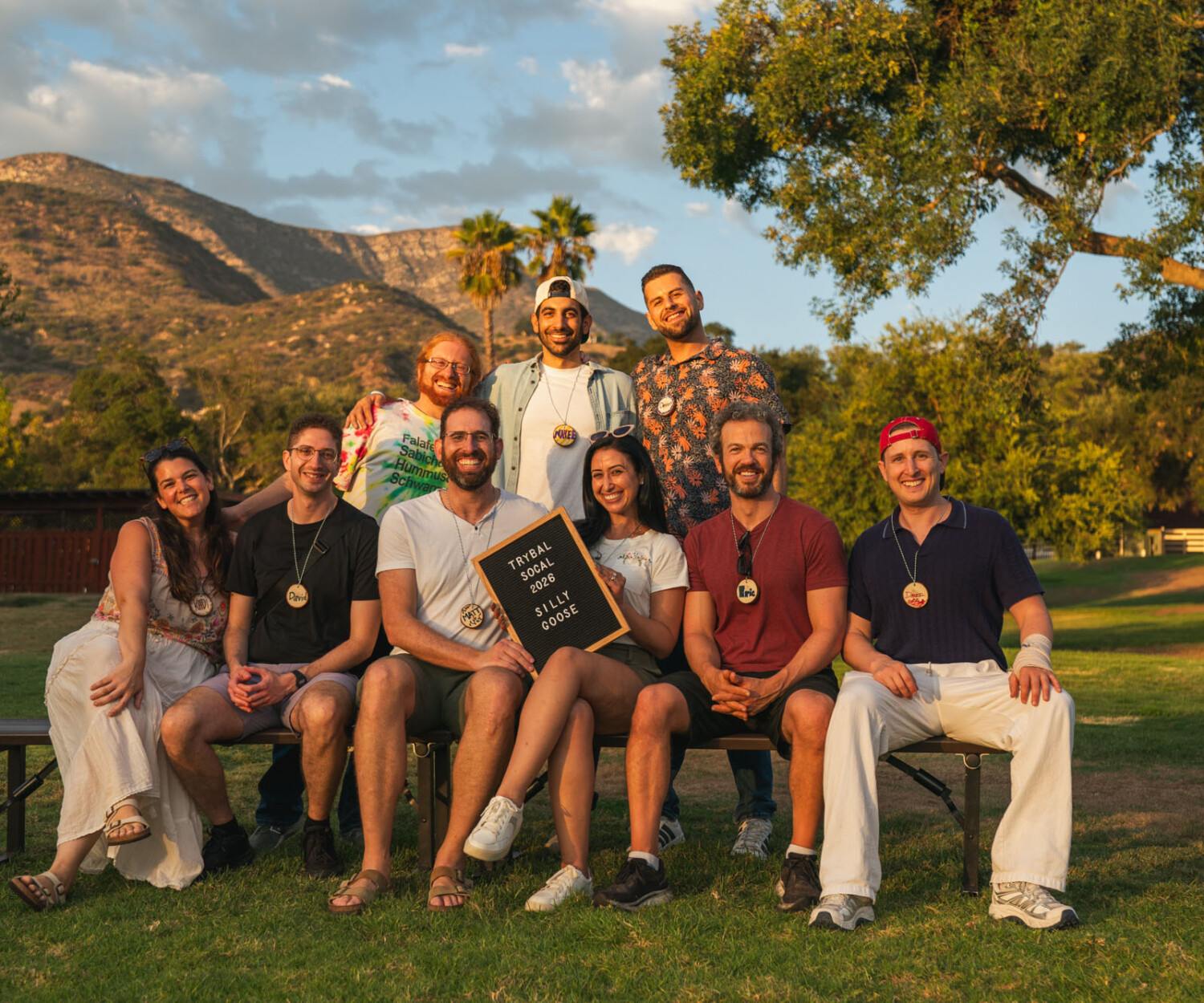 Friends gather for a Bunk Photo at Trybal SoCal 2026 at Camp Ramah in Ojai, California. Photograph by Jason Belsky.