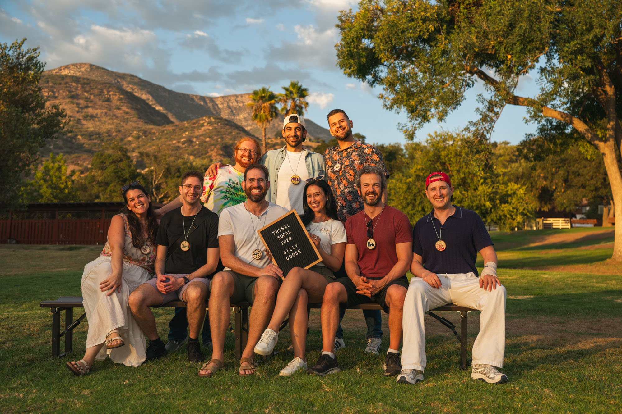 Friends gather for a Bunk Photo at Trybal SoCal 2026 at Camp Ramah in Ojai, California. Photograph by Jason Belsky.